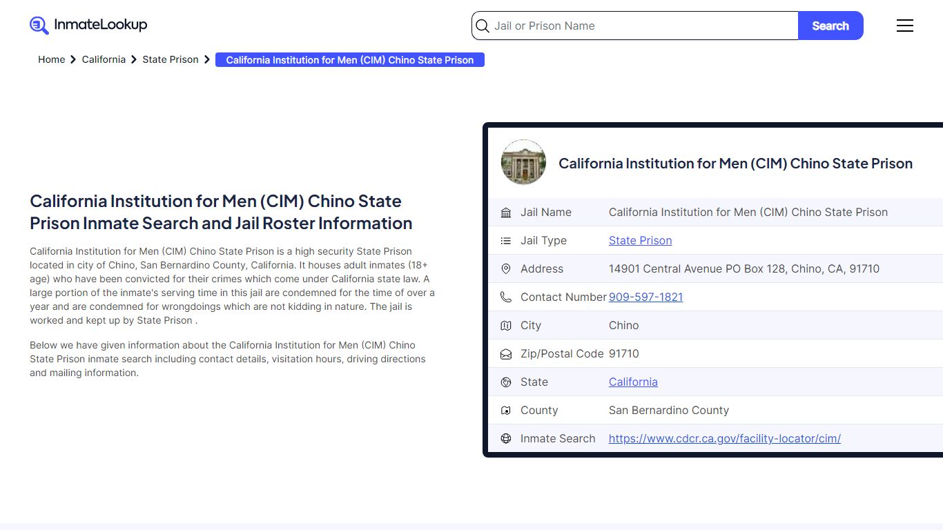 California Institution for Men (CIM) Chino State Prison Inmate Search ...